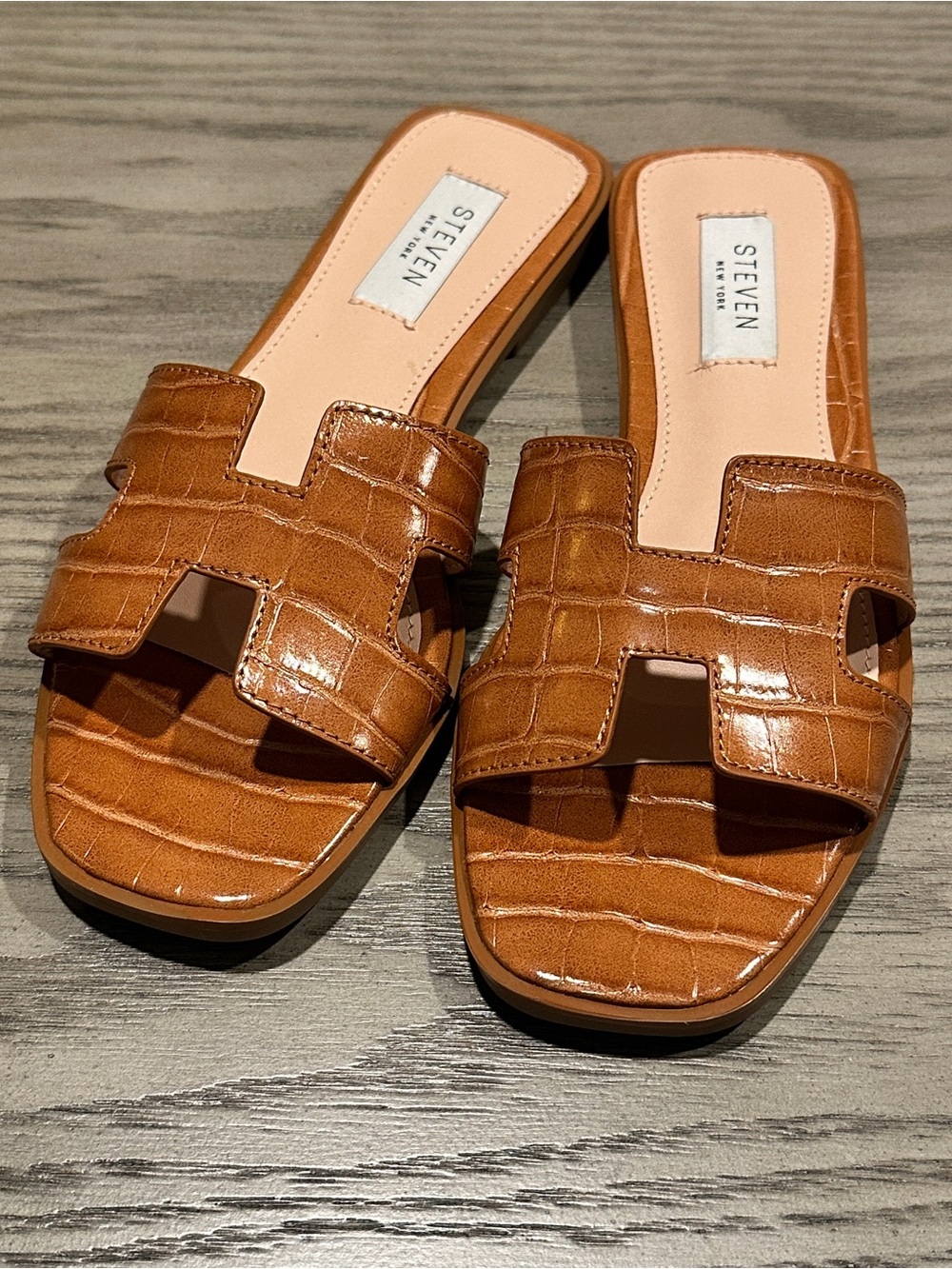 Steven By Steve Madden Brown Croc-Embossed Slide Sandals